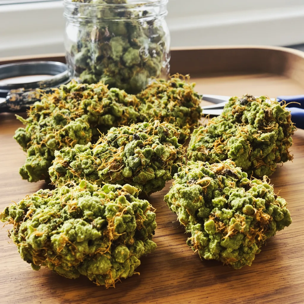 Kali Mist 18% indica / 82% sativa — flor con tricomas visibles