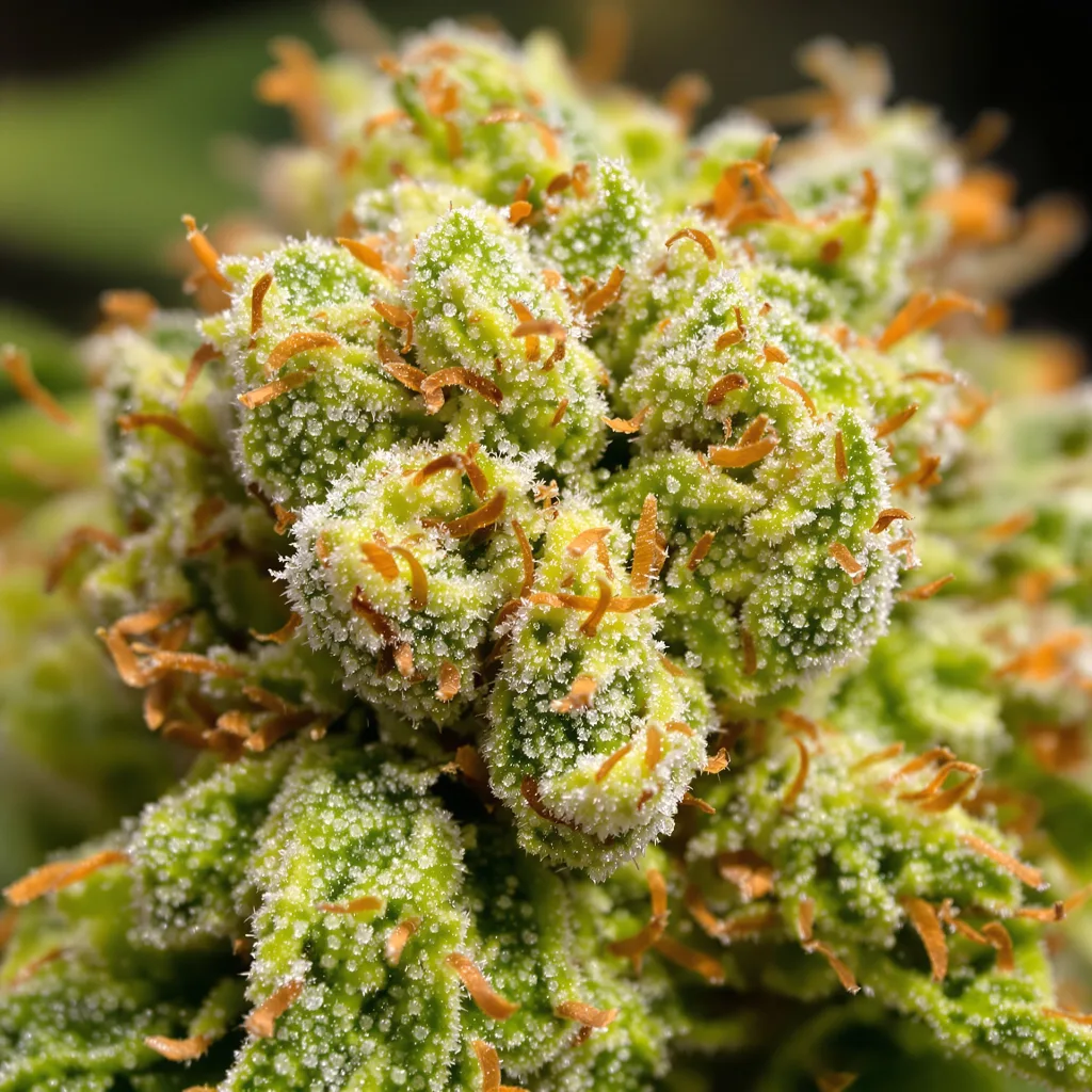 Primer plano de cogollo de cannabis Kali Mist mostrando estructura aireada verde lima