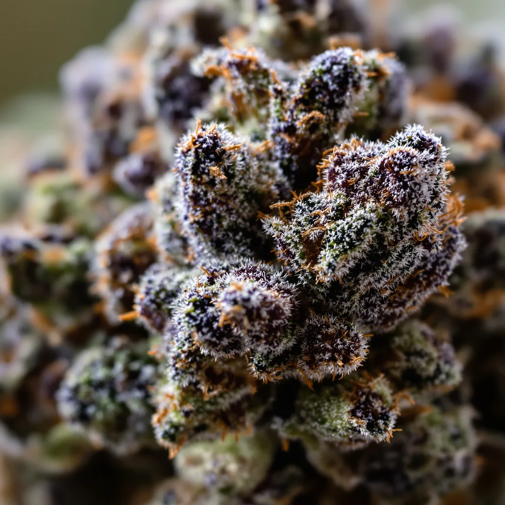 Primer plano de cogollo de cannabis Kandahar mostrando cálices densos con tonos morados