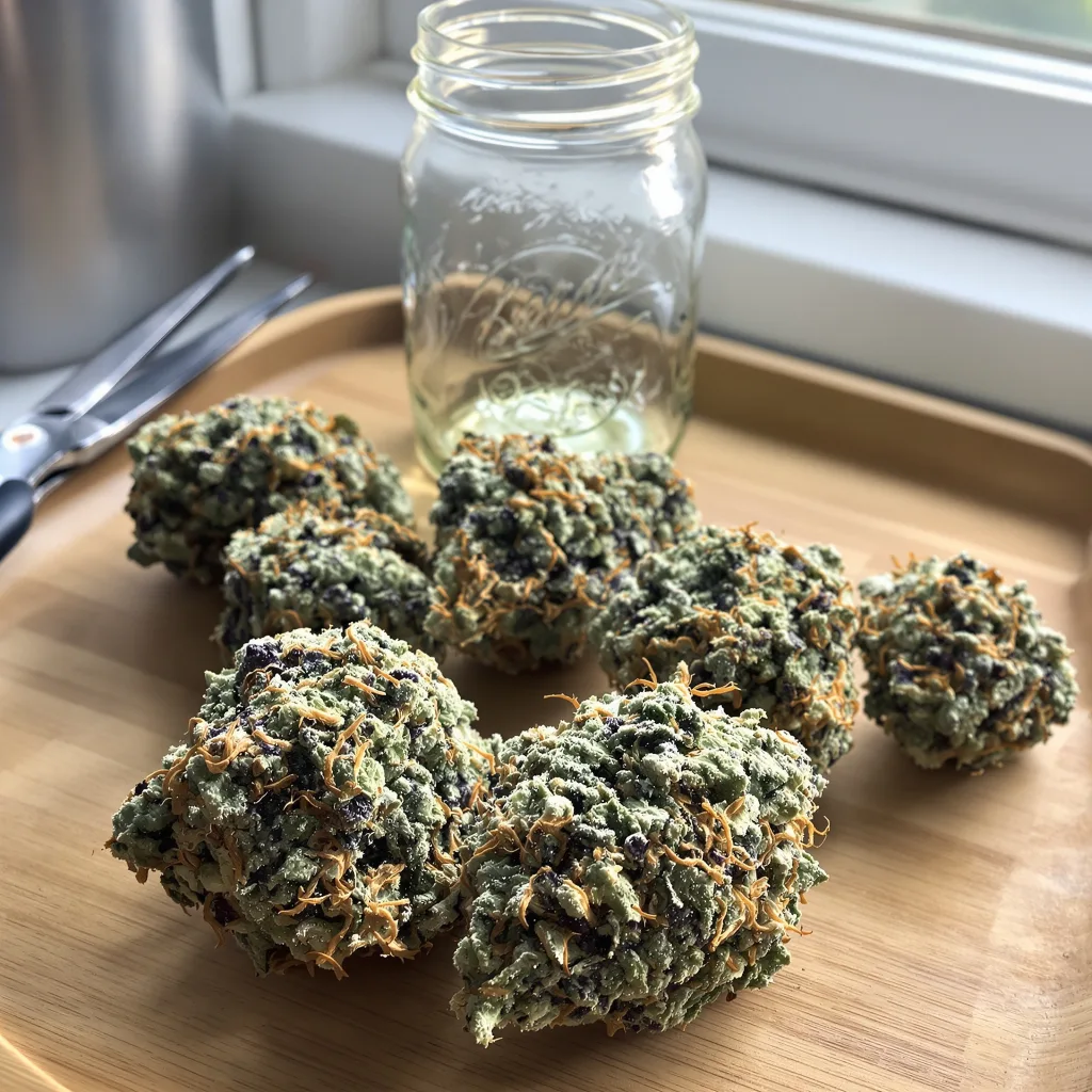 Kandy Kush 50% indica / 50% sativa — flor con tricomas visibles