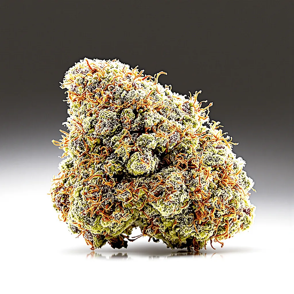 Kandy Kush 50% indica / 50% sativa — flor con tricomas visibles