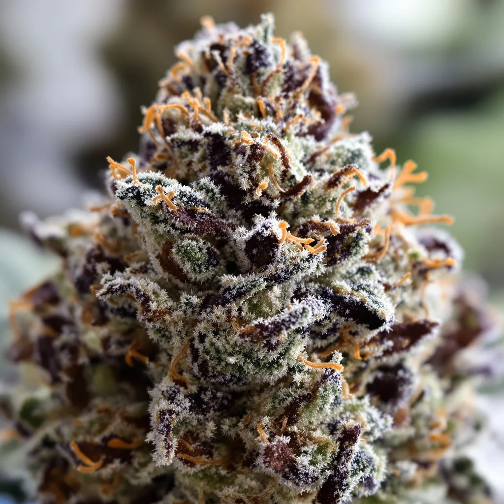 Primer plano de cogollo de cannabis Katsu Kush mostrando cálices densos con tonos morados
