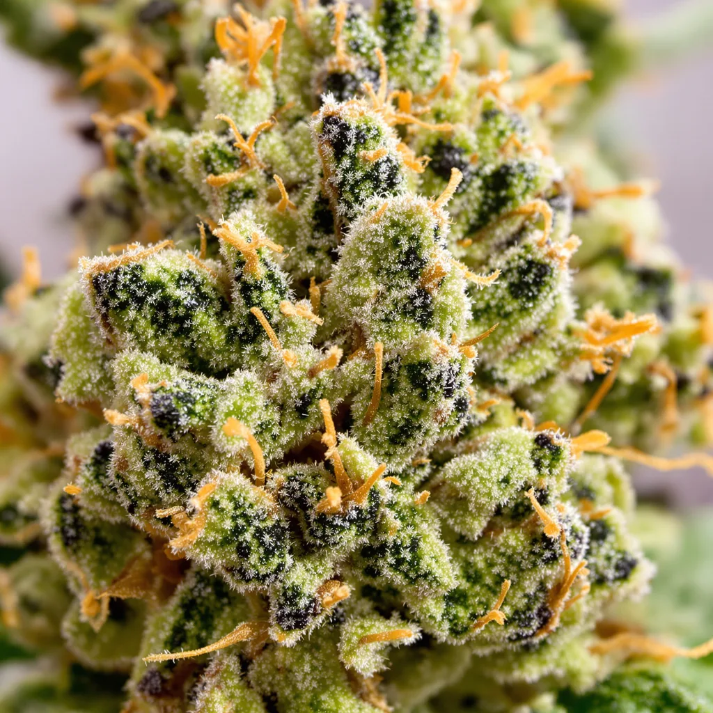 Primer plano de cogollo de cannabis KC 33 mostrando estructura aireada verde lima
