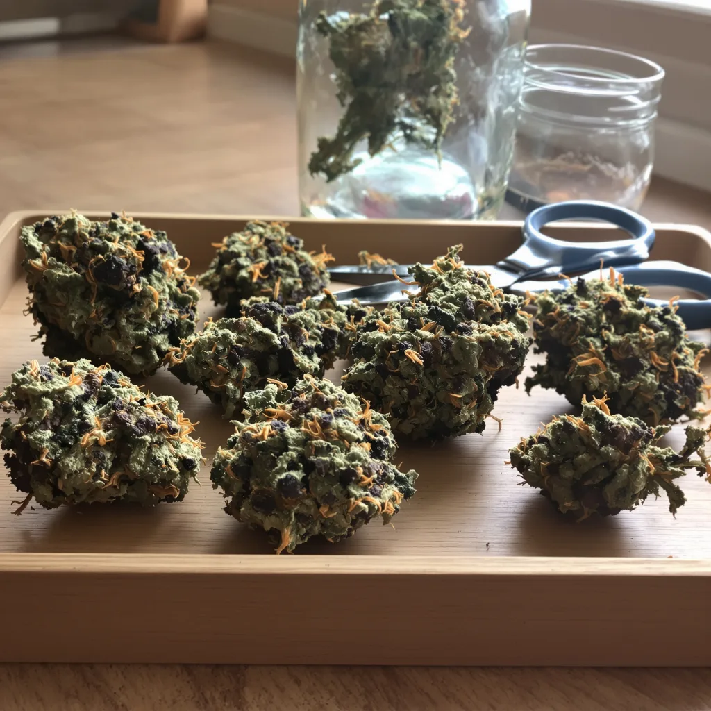 Kelly Hill Gold 77% indica / 23% sativa — flor con tricomas visibles