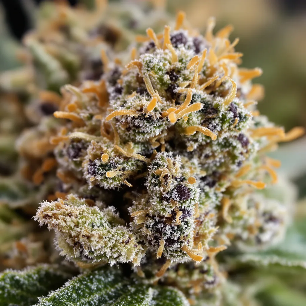 Primer plano de cogollo de cannabis Kelly Hill Gold mostrando cálices densos con tonos morados