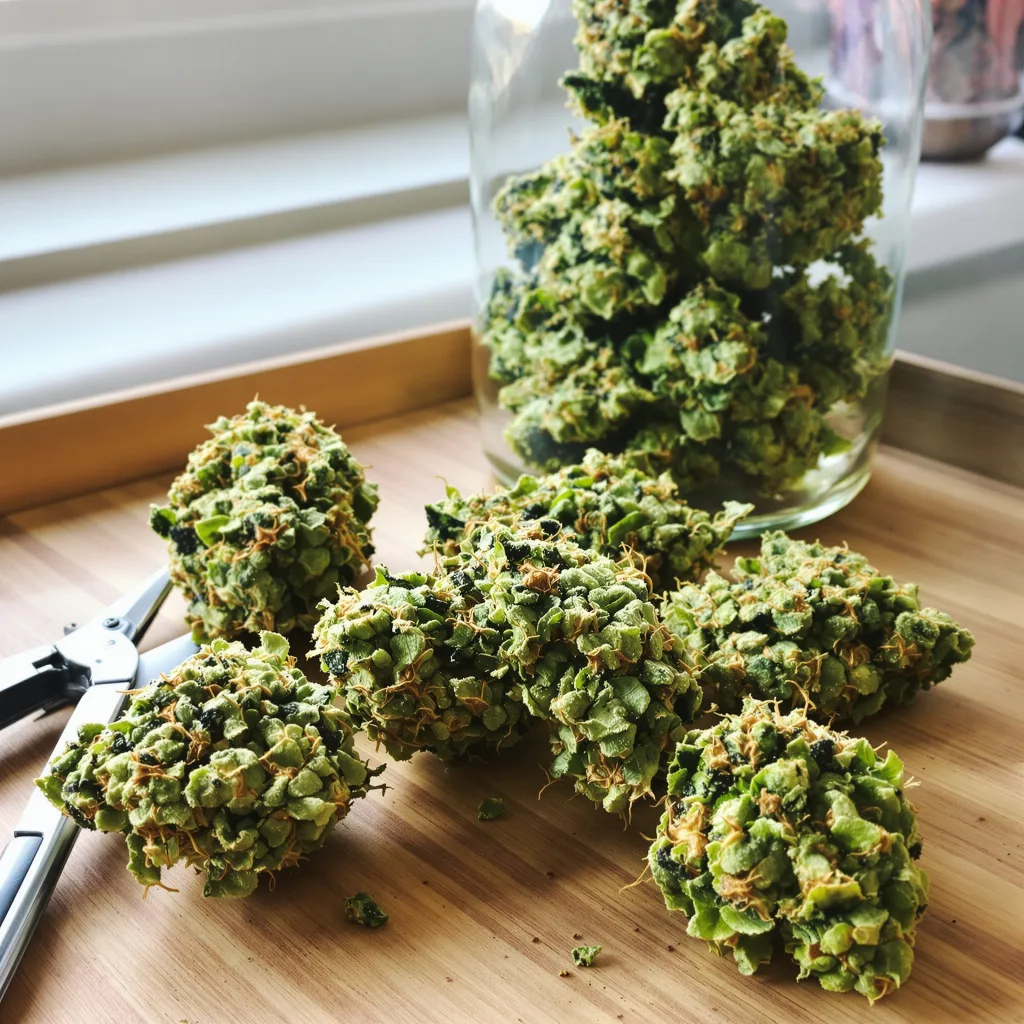 Key Lime Pie 25% indica / 75% sativa — flor con tricomas visibles