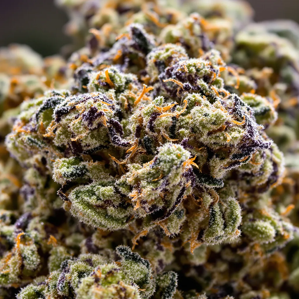 Primer plano de cogollo de cannabis Khalifa Kush mostrando cálices densos con tonos morados