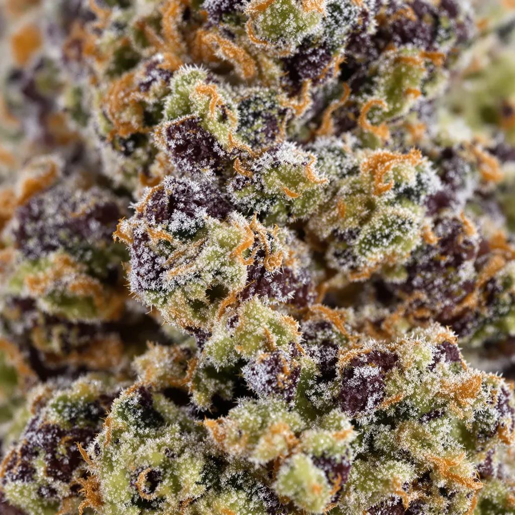 Primer plano de cogollo de cannabis Khufu mostrando cálices densos con tonos morados