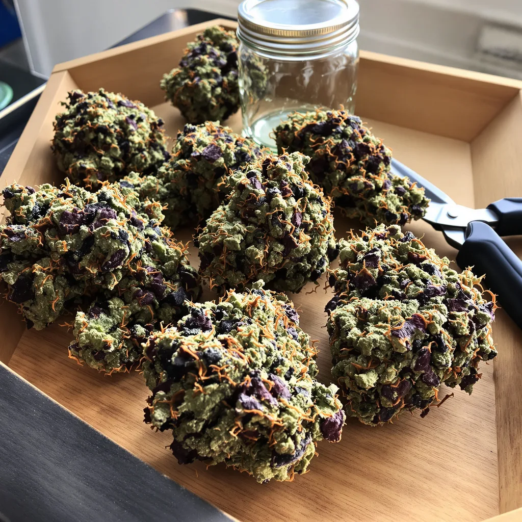 Kid N’ Kookies 68% indica / 32% sativa — flor con tricomas visibles