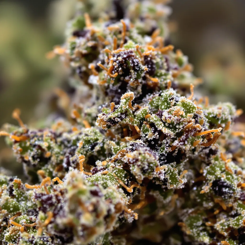 Primer plano de cogollo de cannabis Kid N’ Kookies mostrando cálices densos con tonos morados