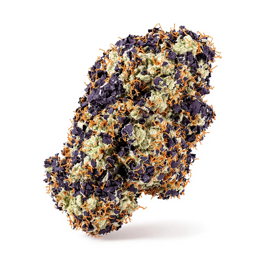 Kid N’ Kookies 68% indica / 32% sativa — flor con tricomas visibles