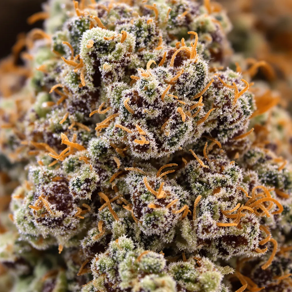 Primer plano de cogollo de cannabis Killer mostrando cálices densos con tonos morados