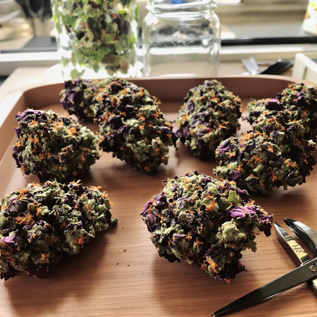 Killer Grape 86% indica / 14% sativa — flor con tricomas visibles
