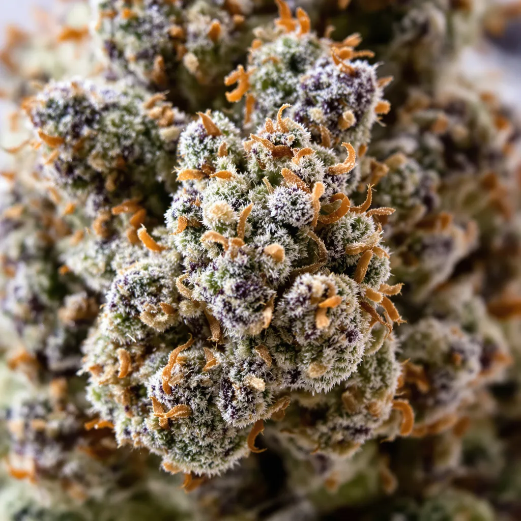 Primer plano de cogollo de cannabis Killer Grape mostrando cálices densos con tonos morados