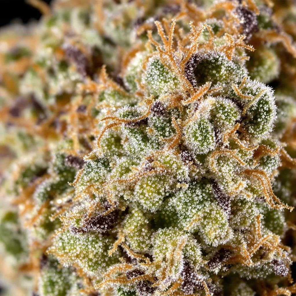 Primer plano de cogollo de cannabis Killer Queen mostrando estructura equilibrada con tricomas escarchados