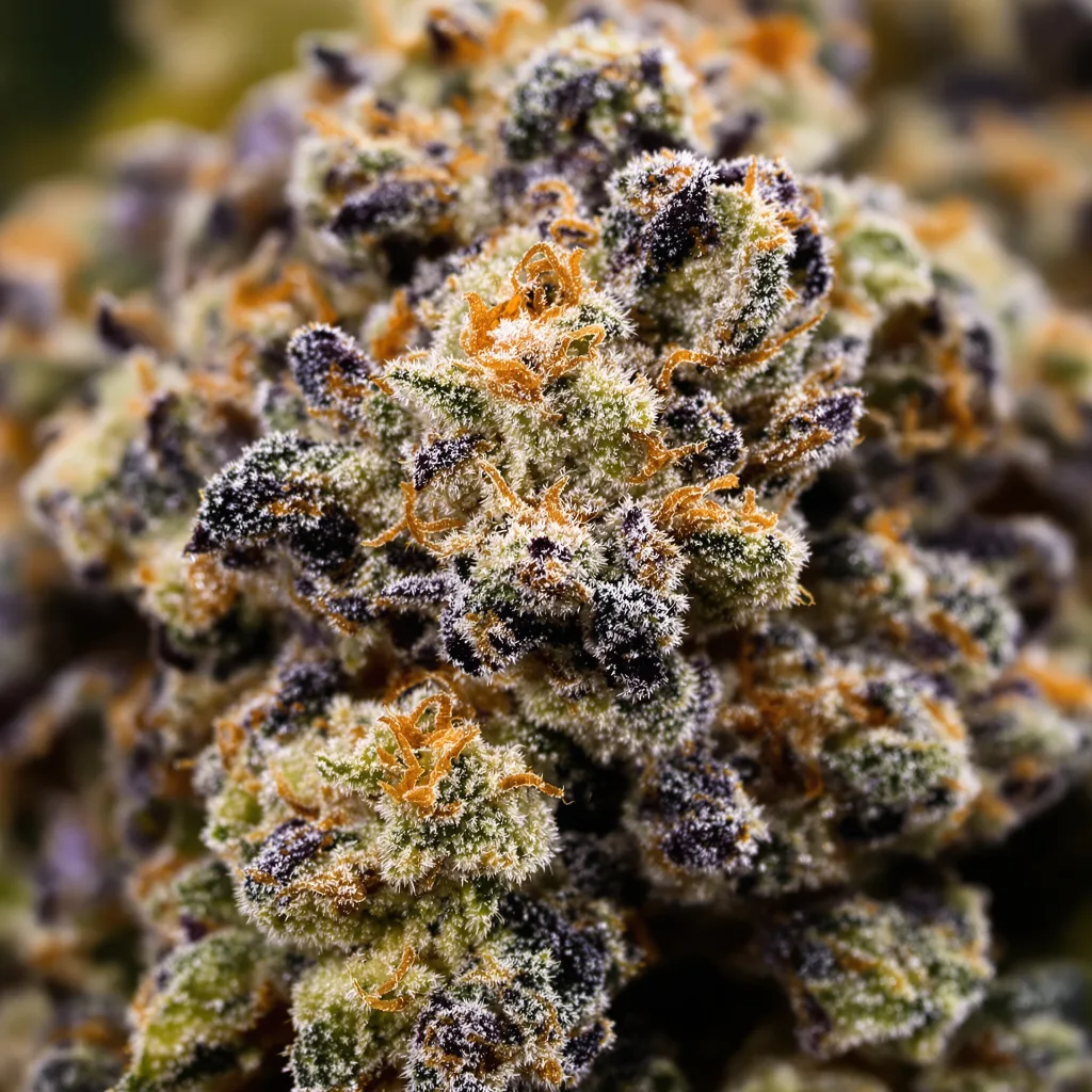 Primer plano de cogollo de cannabis Kimbo Kush mostrando cálices densos con tonos morados