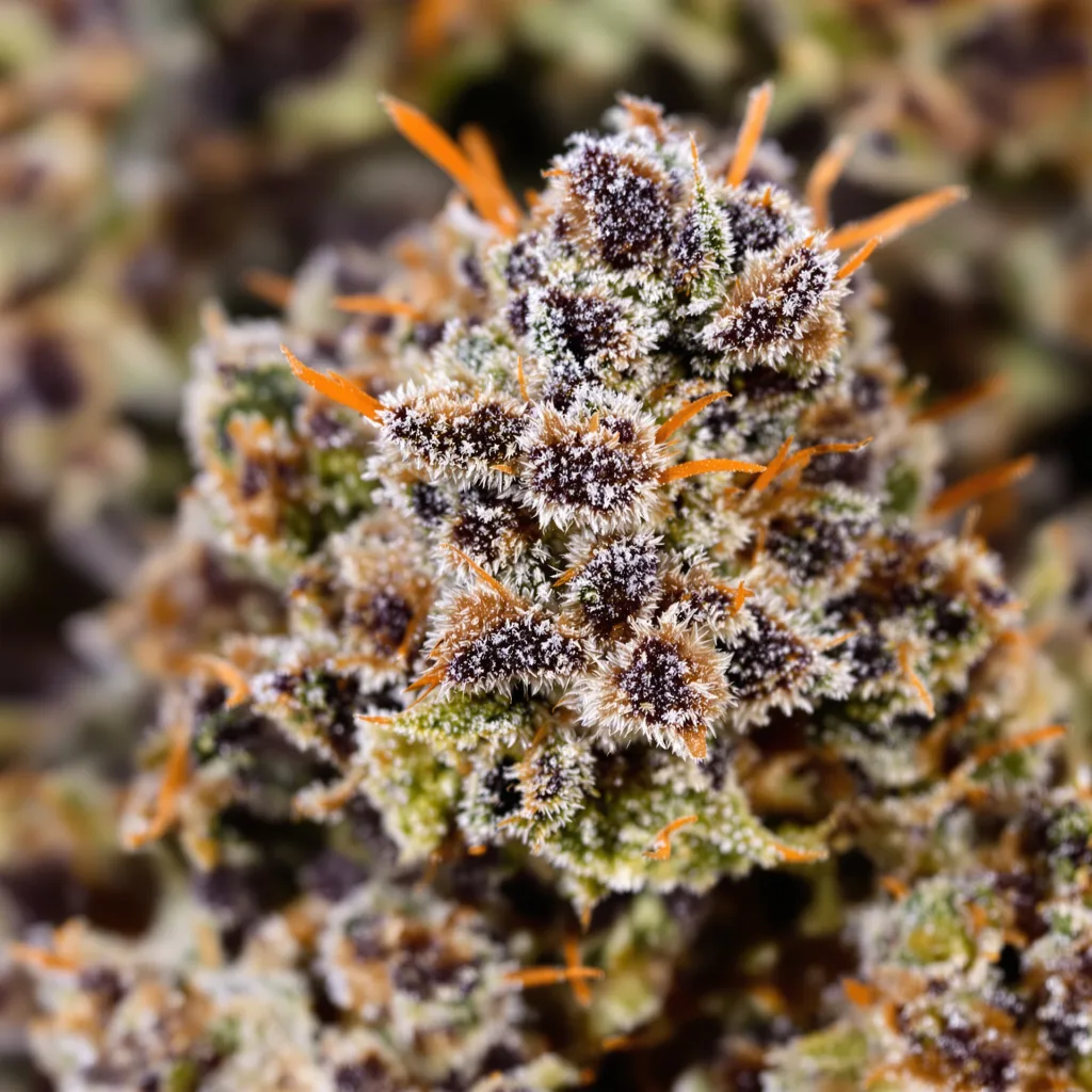 Primer plano de cogollo de cannabis King Louis XIII mostrando cálices densos con tonos morados