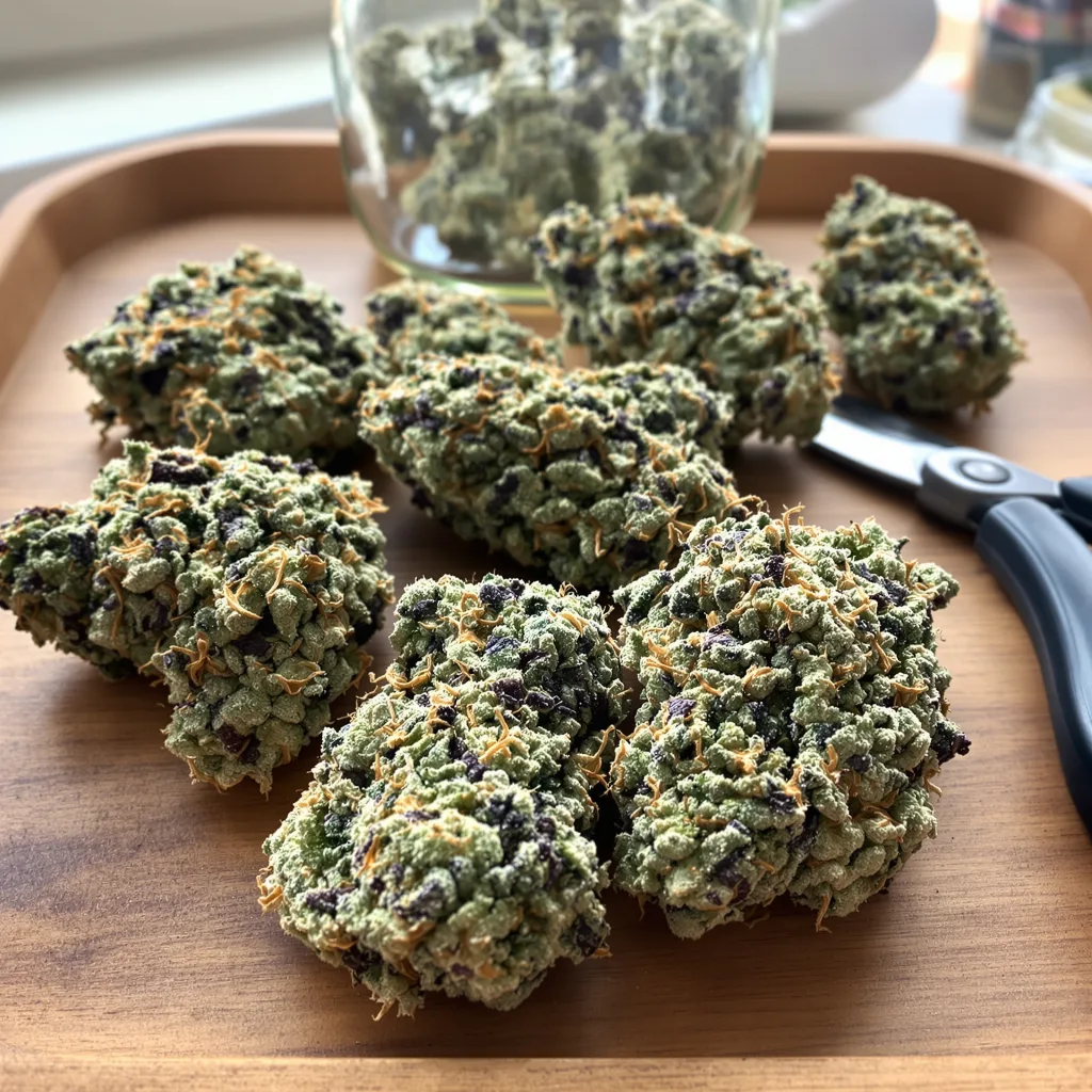 Kiss 44% indica / 56% sativa — flor con tricomas visibles