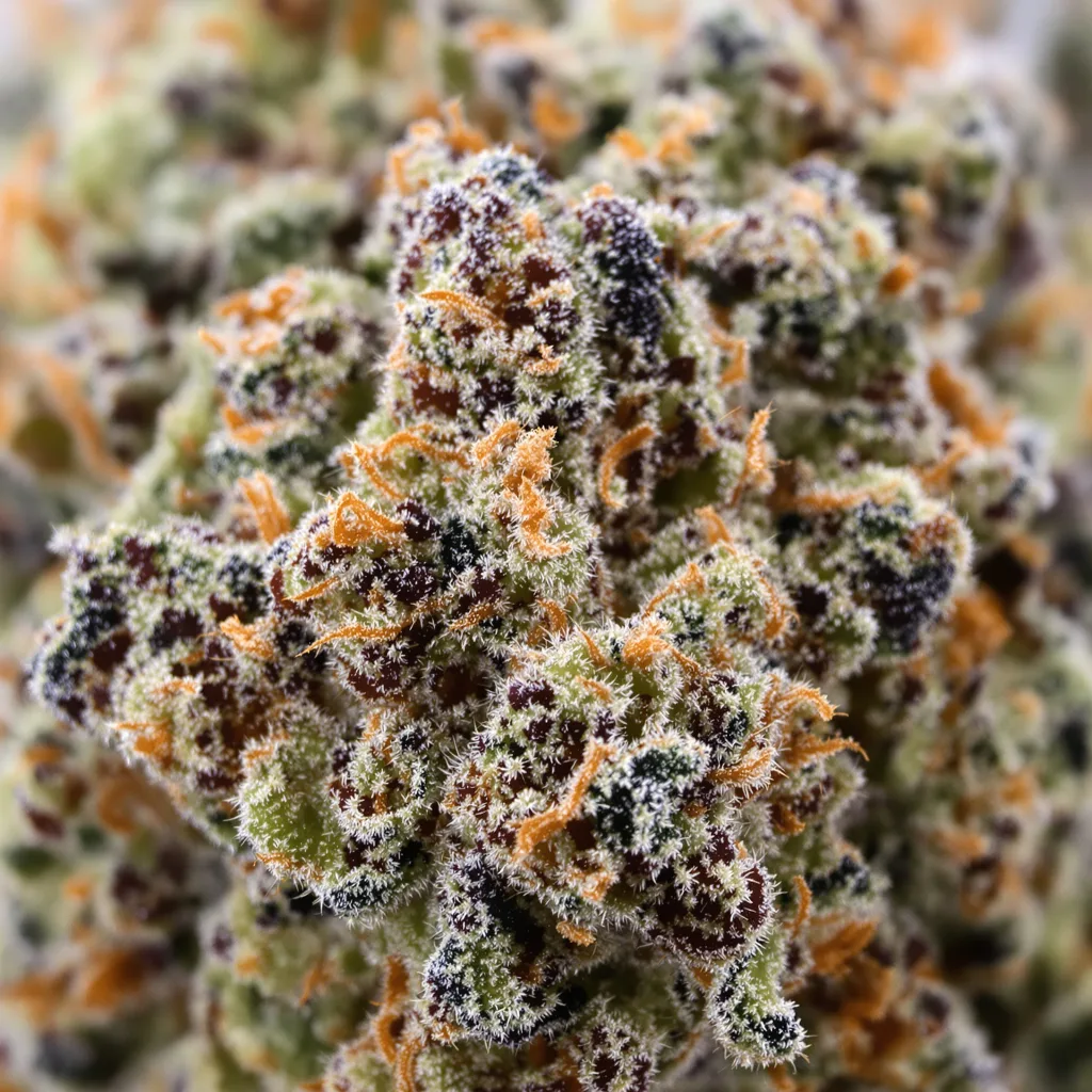 Primer plano de cogollo de cannabis Kiwiskunk mostrando cálices densos con tonos morados