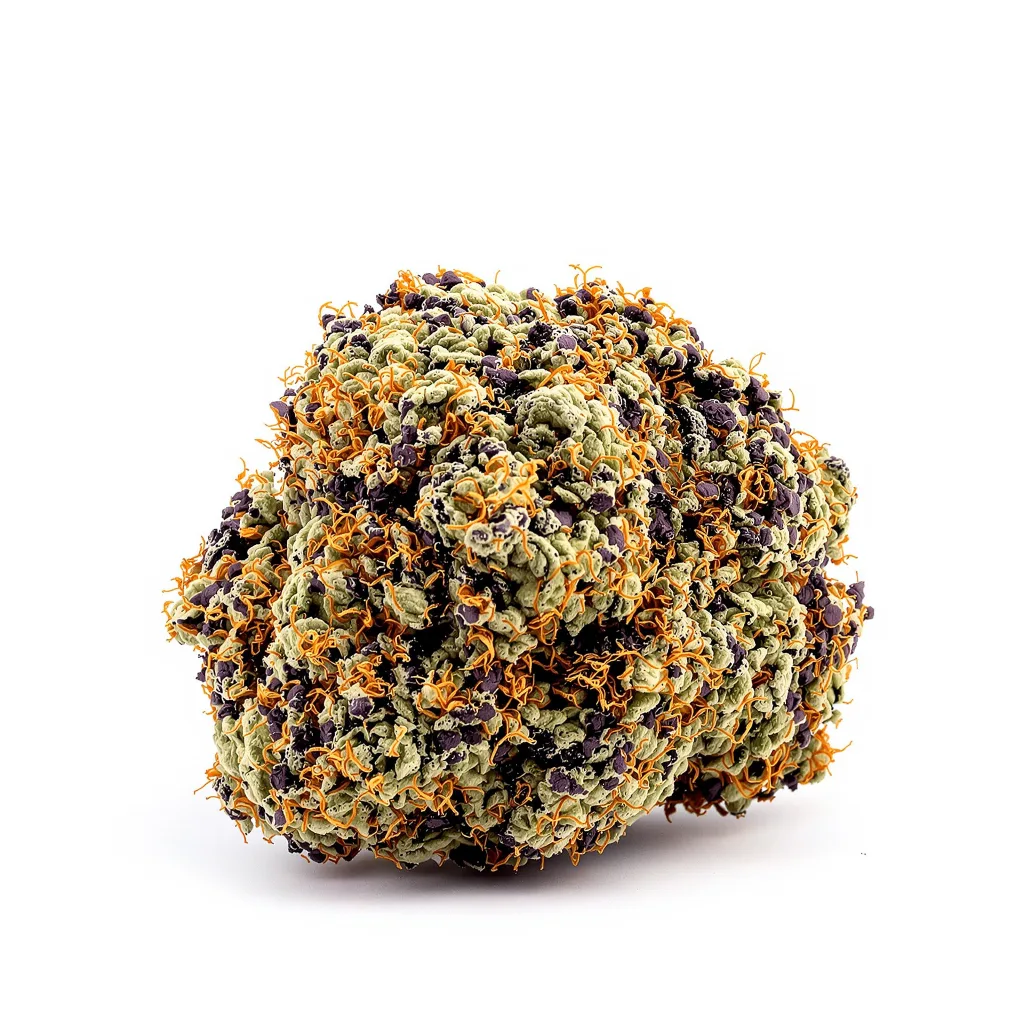 Kiwiskunk 69% indica / 31% sativa — flor con tricomas visibles