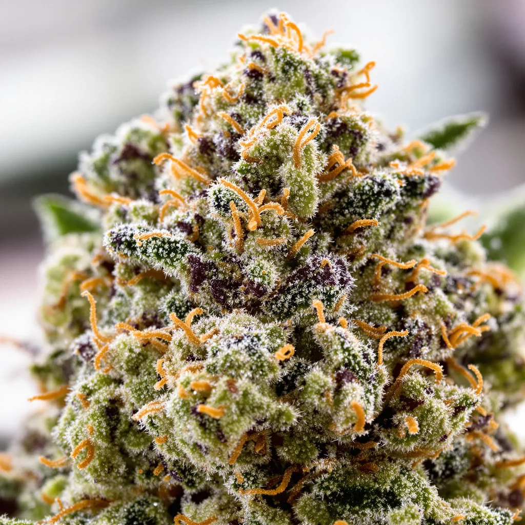 Primer plano de cogollo de cannabis Kobain Kush mostrando cogollos densos verde bosque