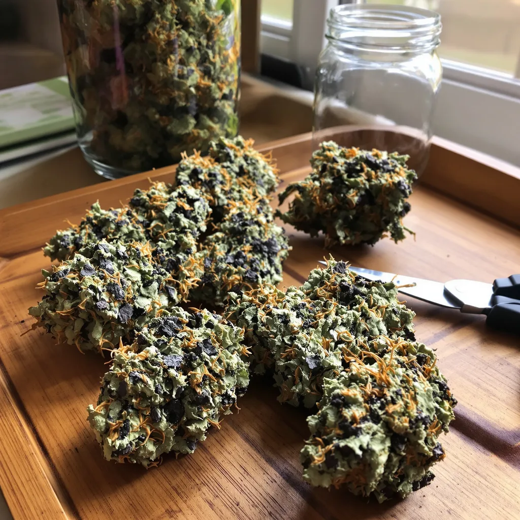 Kosher Kush 86% indica / 14% sativa — flor con tricomas visibles