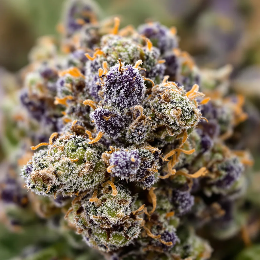 Primer plano de cogollo de cannabis Kosher Kush mostrando cálices densos con tonos morados