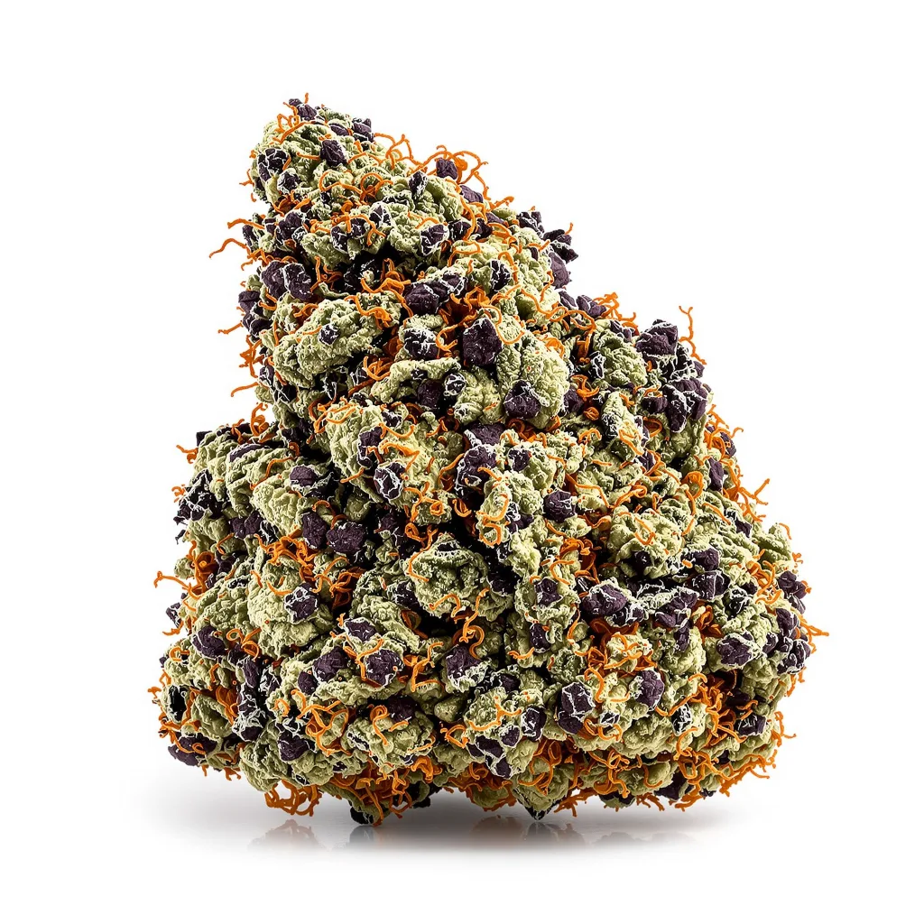 Kosher Kush 86% indica / 14% sativa — flor con tricomas visibles