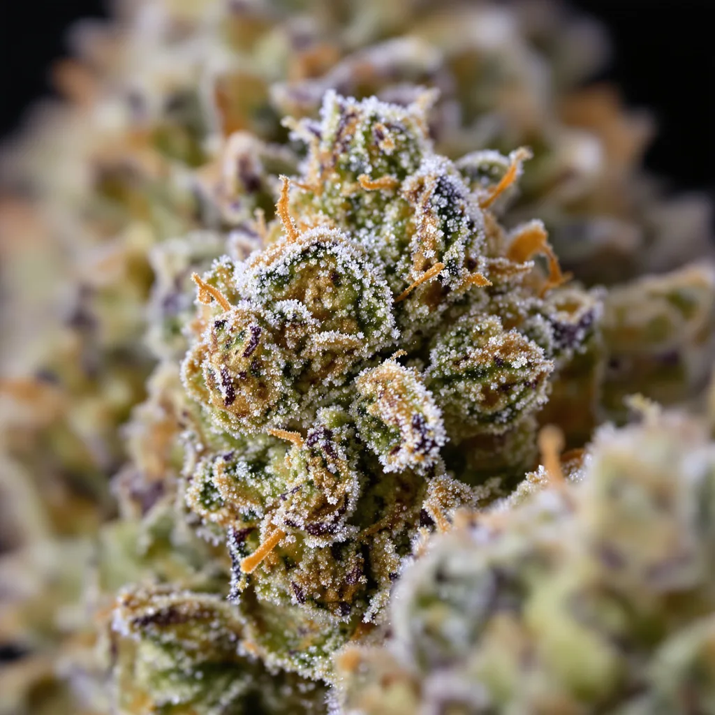 Primer plano de cogollo de cannabis Kosher Tangie mostrando cogollos densos verde bosque