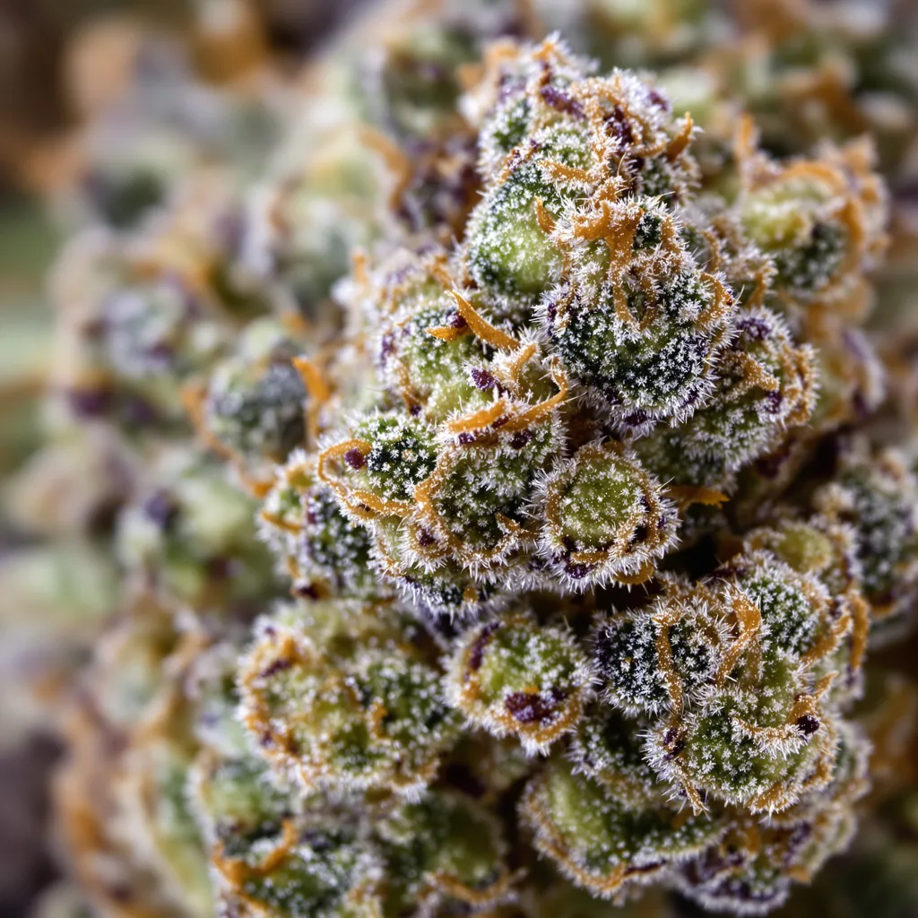 Primer plano de cogollo de cannabis Kraken mostrando estructura equilibrada con tricomas escarchados