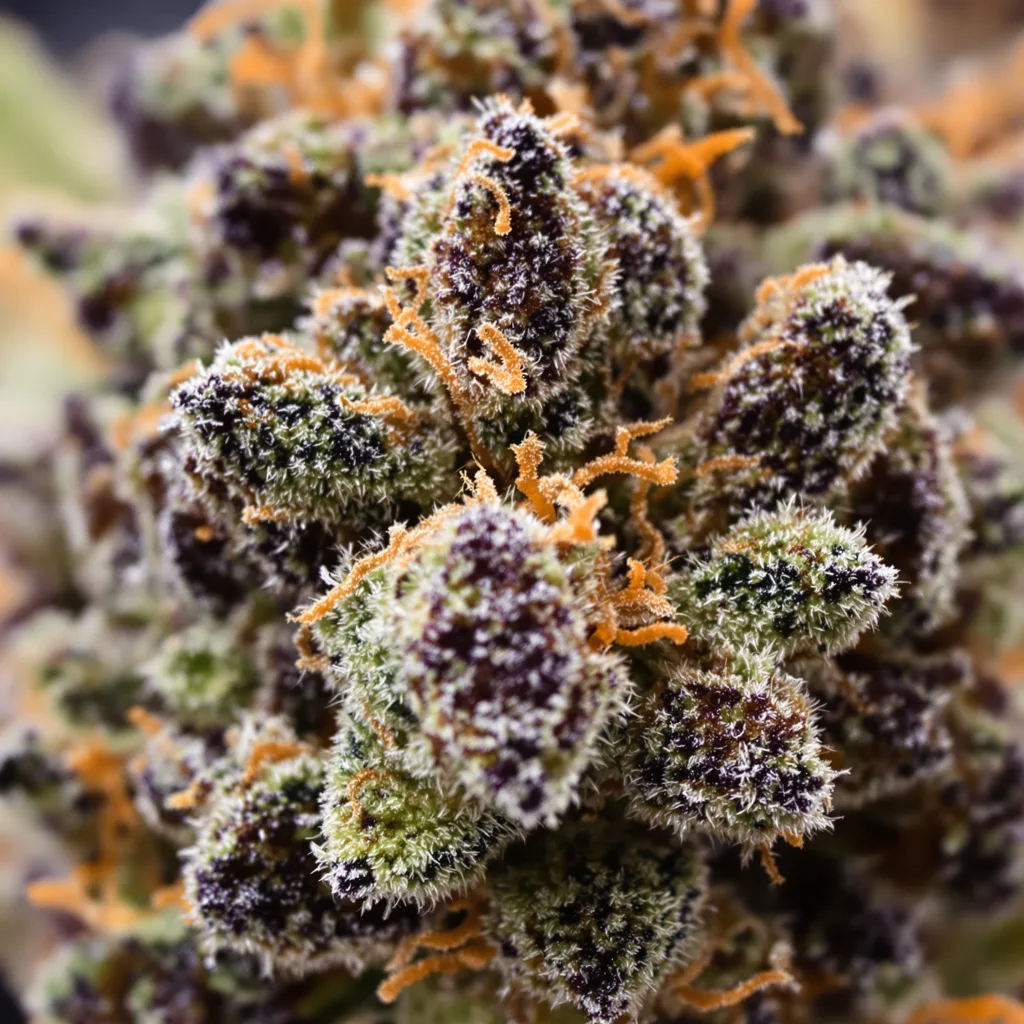 Primer plano de cogollo de cannabis Kryptonite mostrando cálices densos con tonos morados