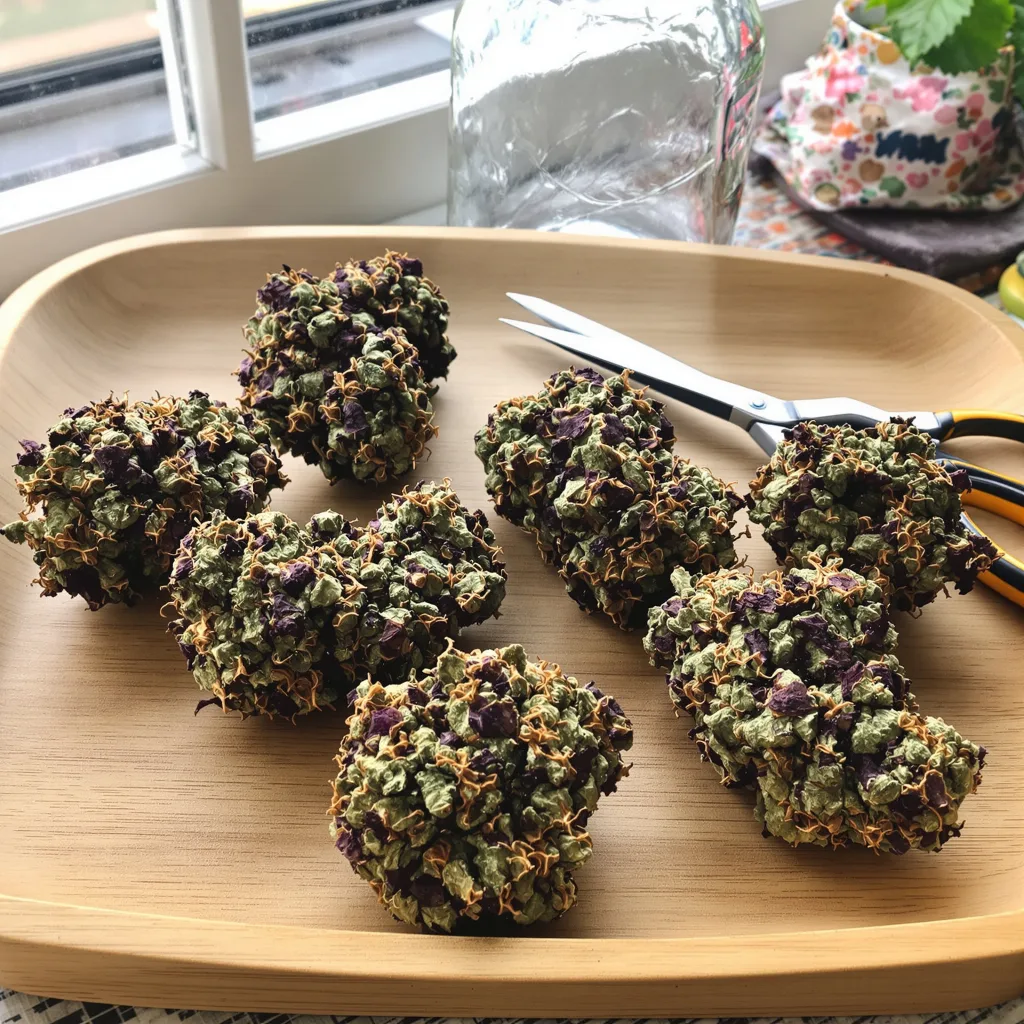 Kush Cake 84% indica / 16% sativa — flor con tricomas visibles