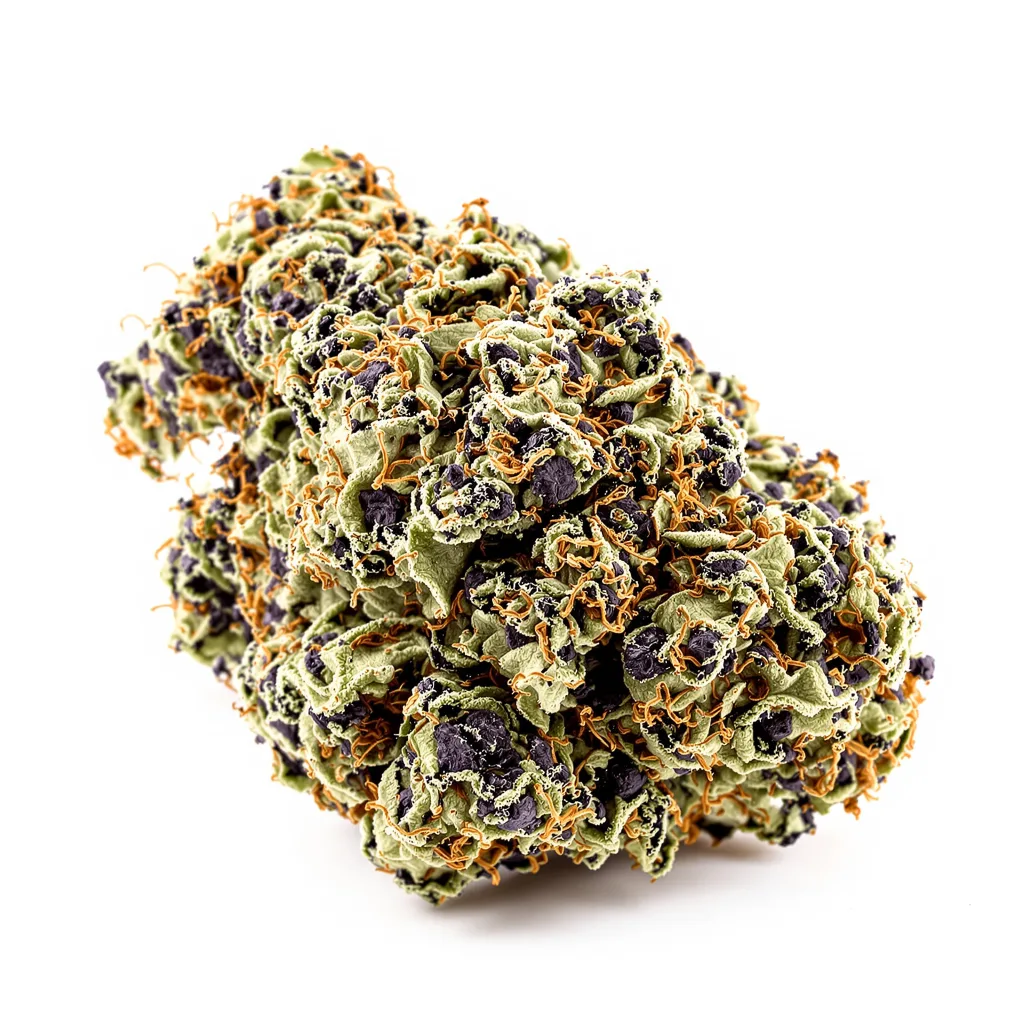 Kush Cake 84% indica / 16% sativa — flor con tricomas visibles