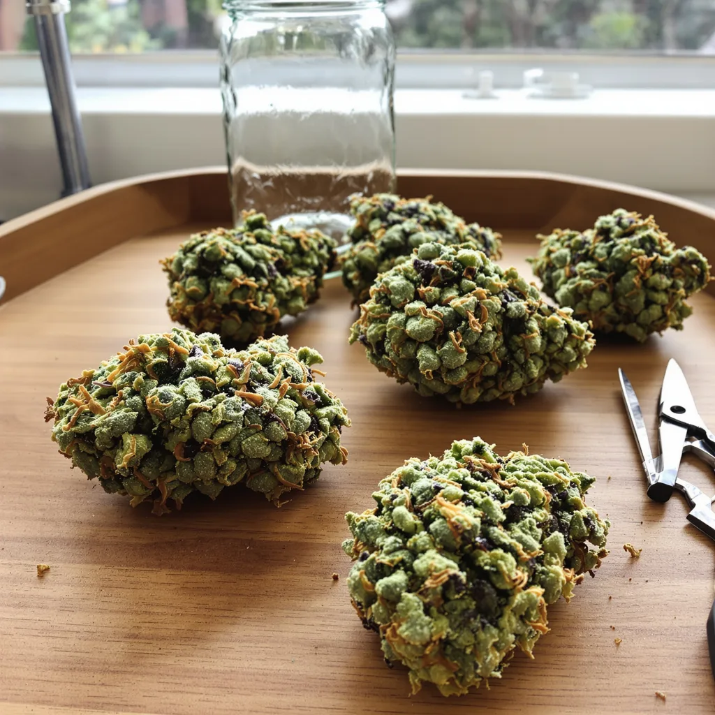 Kush Mints 50% indica / 50% sativa — flor con tricomas visibles