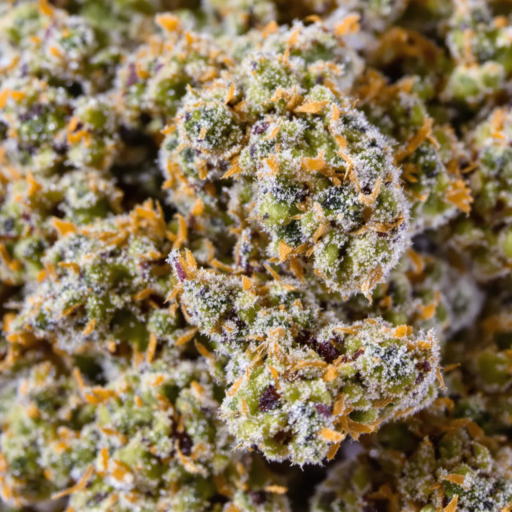 Primer plano de cogollo de cannabis Kush Mints mostrando estructura equilibrada con tricomas escarchados
