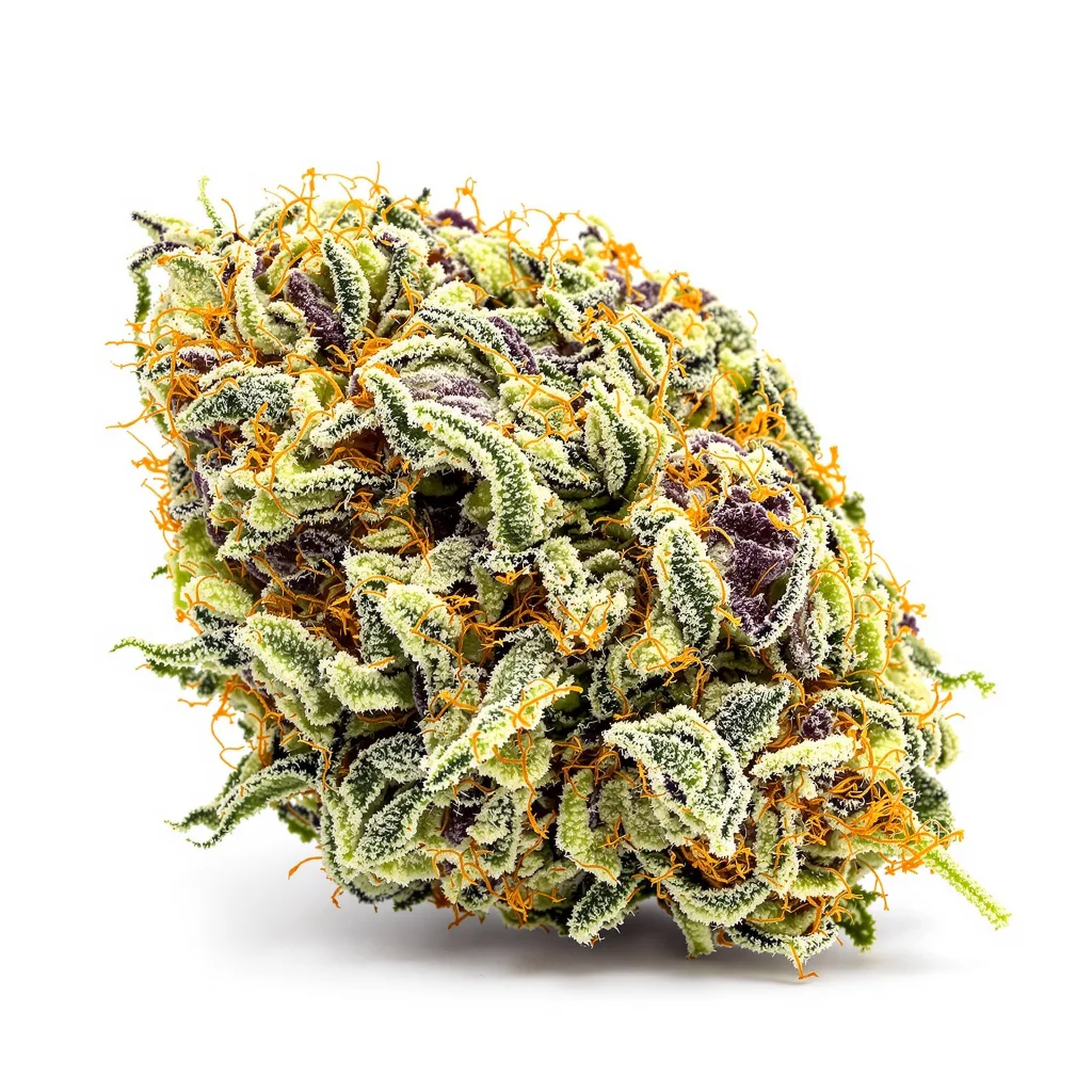 Kush Mints 50% indica / 50% sativa — flor con tricomas visibles