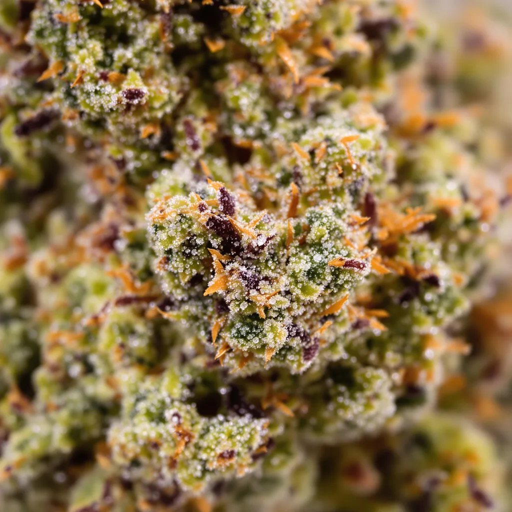 Primer plano de cogollo de cannabis L.A. Sunshine mostrando cogollos densos verde bosque