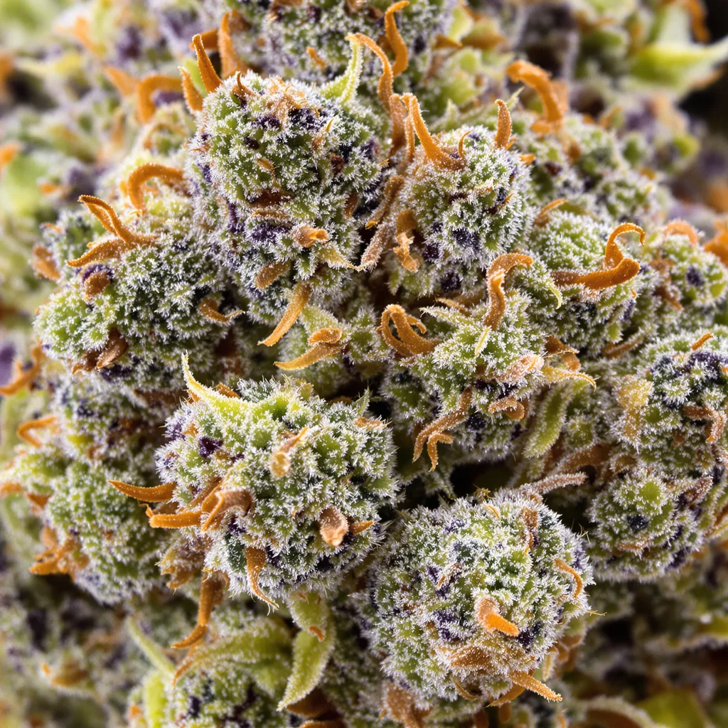 Primer plano de cogollo de cannabis L.A. Sunshine mostrando cogollos densos verde bosque