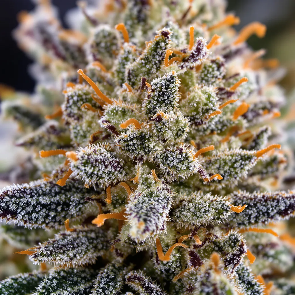 Primer plano de cogollo de cannabis LA Confidential mostrando estructura equilibrada con tricomas escarchados
