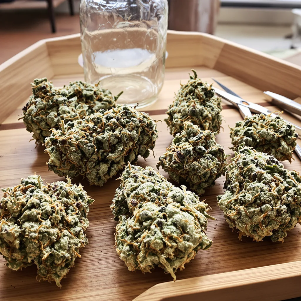 LA Confidential 50% indica / 50% sativa — flor con tricomas visibles