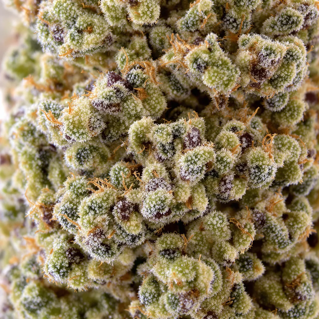 Primer plano de cogollo de cannabis LA Confidential mostrando estructura equilibrada con tricomas escarchados