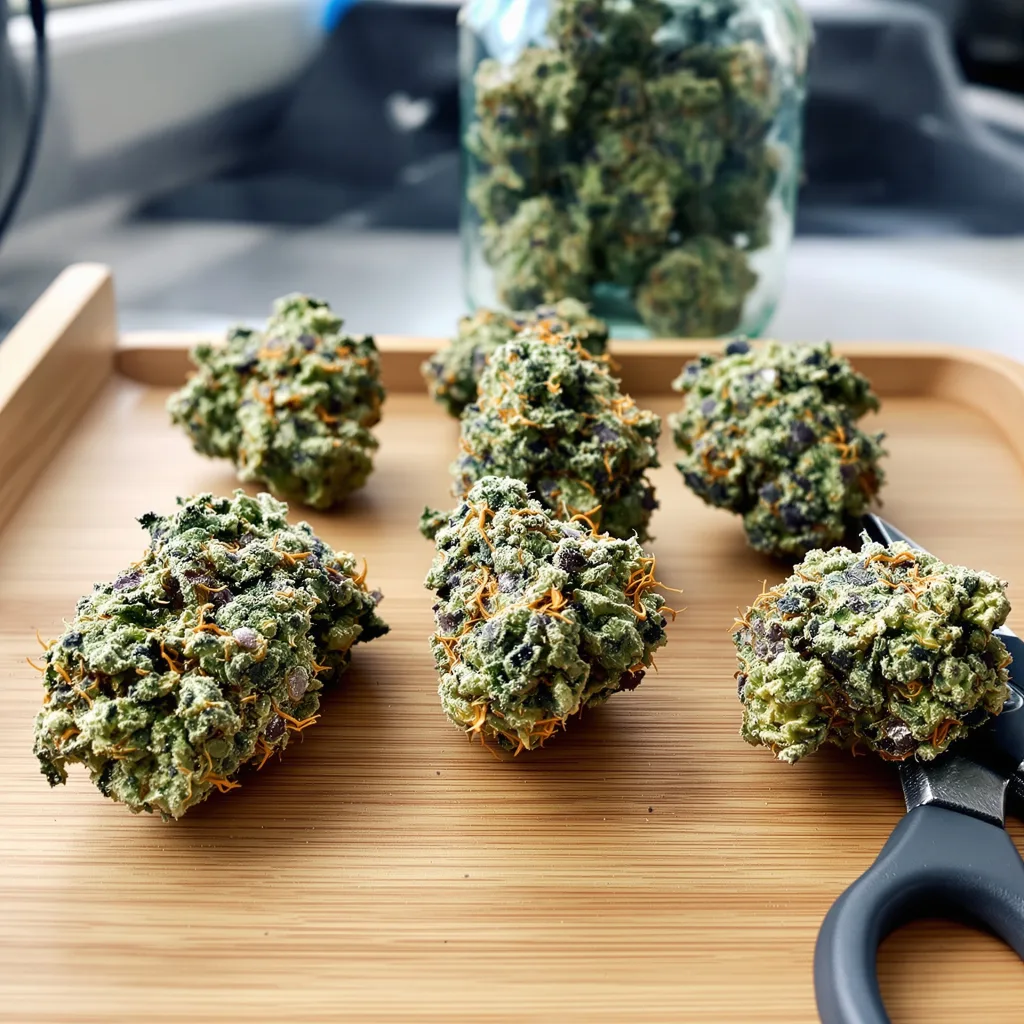 LA OG 39% indica / 61% sativa — flor con tricomas visibles
