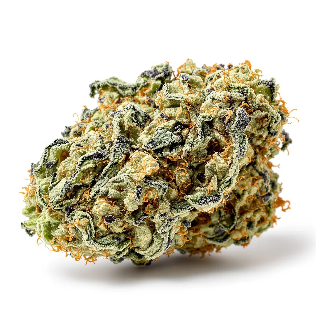 LA OG 39% indica / 61% sativa — flor con tricomas visibles