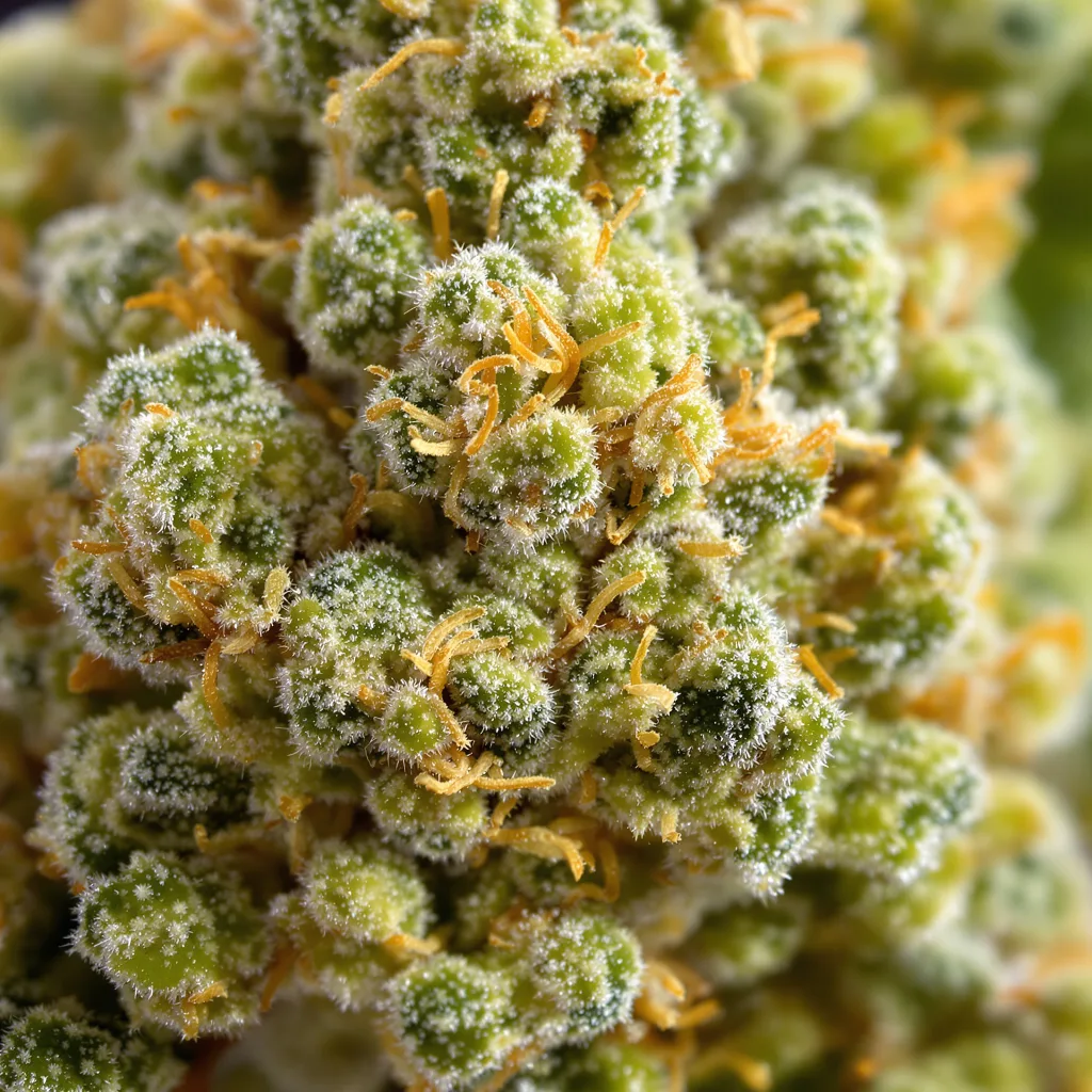 Primer plano de cogollo de cannabis Lamb's Bread mostrando estructura aireada verde lima