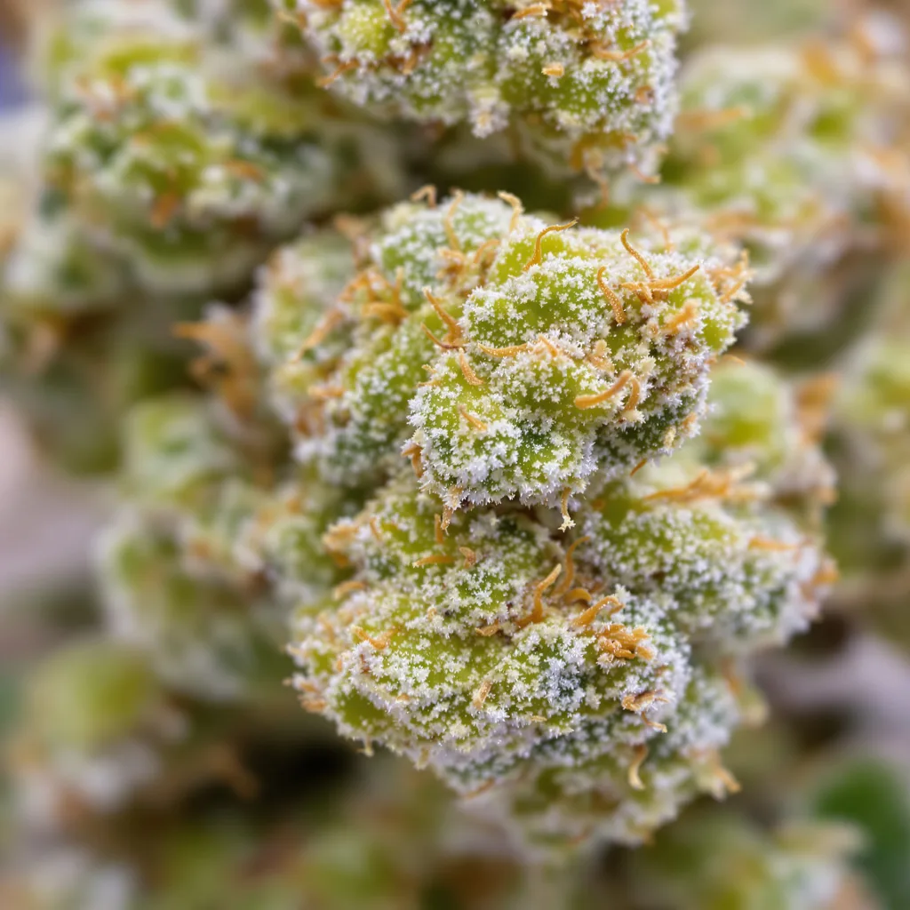 Primer plano de cogollo de cannabis Lambo mostrando estructura aireada verde lima