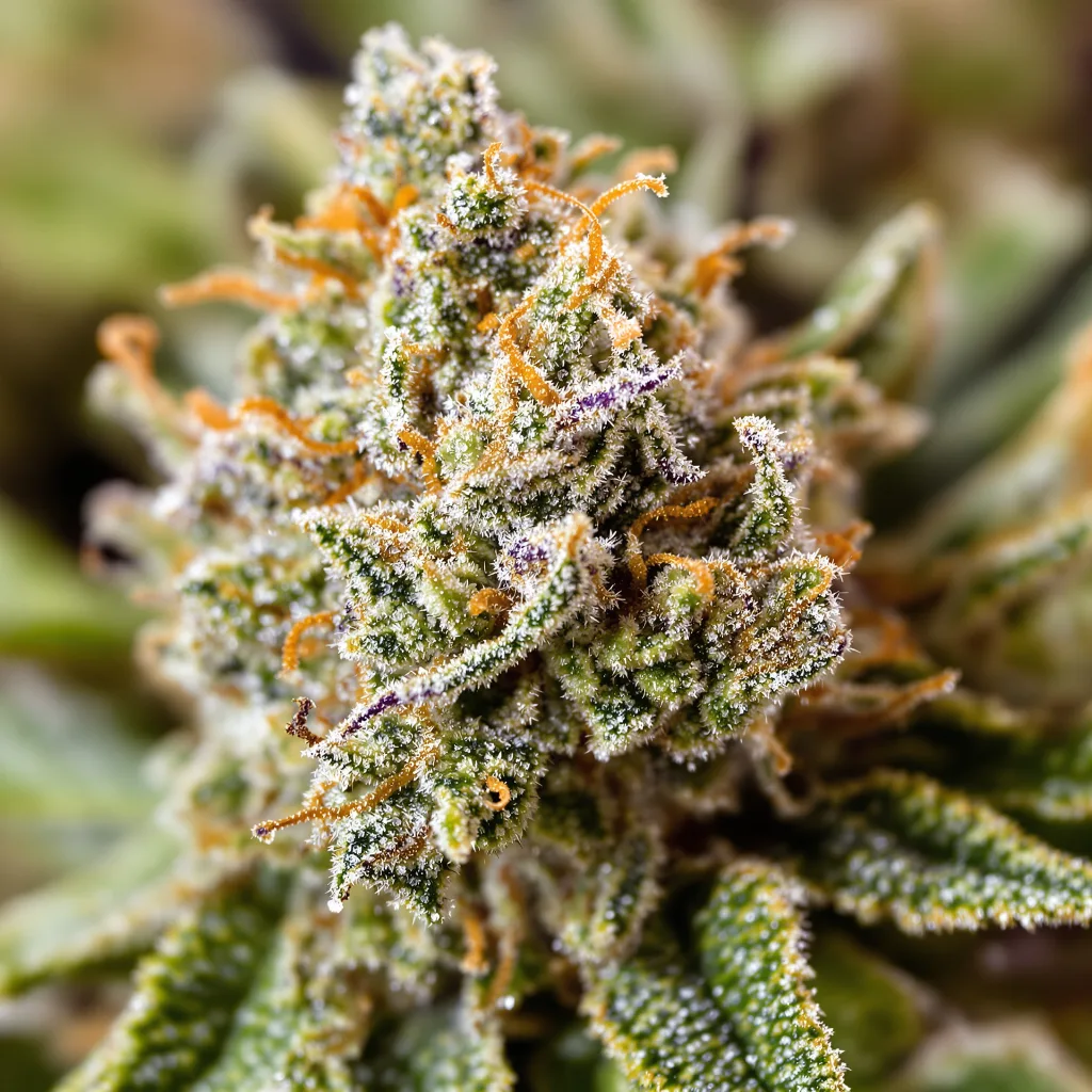 Primer plano de cogollo de cannabis Lamborghini mostrando estructura equilibrada con tricomas escarchados