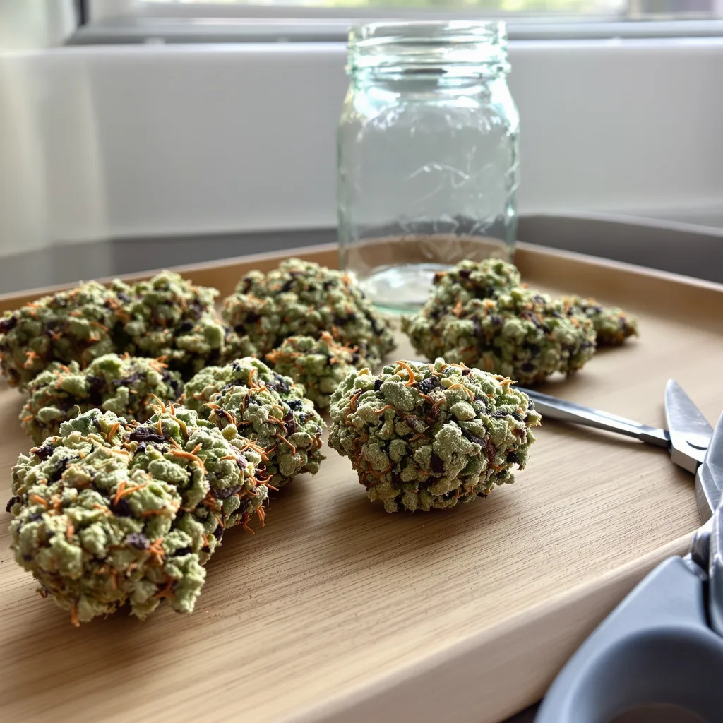 Larry OG 56% indica / 44% sativa — flor con tricomas visibles