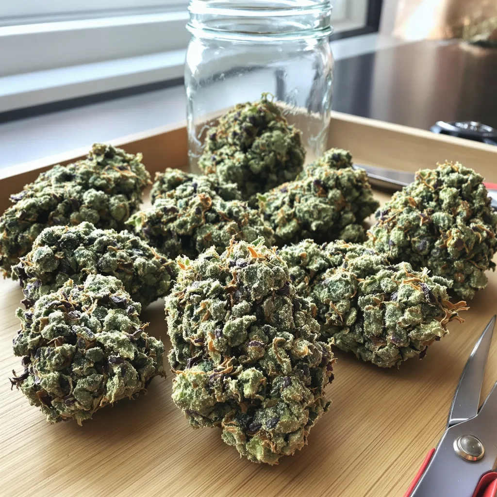 Larry OG 56% indica / 44% sativa — flor con tricomas visibles