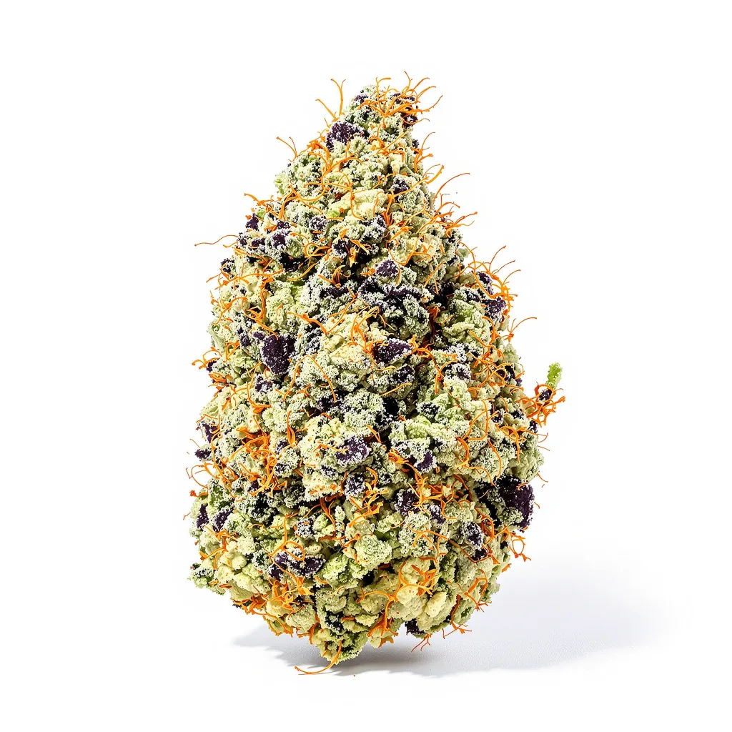 Larry OG 56% indica / 44% sativa — flor con tricomas visibles