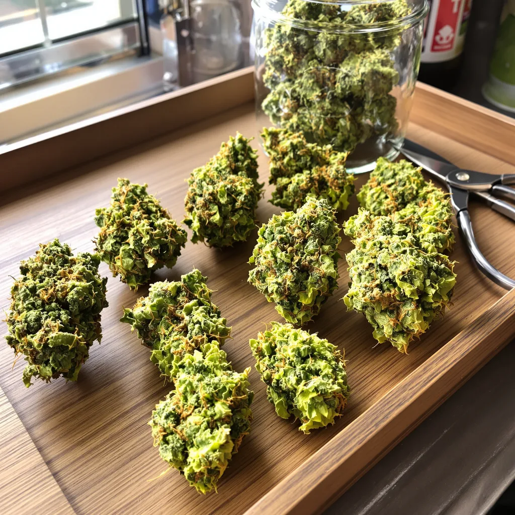 Laughing Buddha 20% indica / 80% sativa — flor con tricomas visibles
